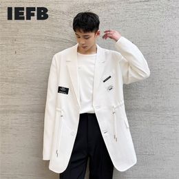 IEFB Early Spring Drawstring Design Blazer Black White Korean Suit Jacket Fashion Men's Wear Label Patchwork Coat Y5759 210524