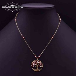 GLSEEVO Original Design Natural Pearl Red Glass Tree Pendant Boho Necklace Women Adjustable Jewellery Gifts For Best Friend GN0213
