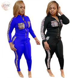 New Plus Size 2 Piece Set Women Tracksuit Leopard Patchwork Stretch Bodycon Sweatsuit Jogger Lounge Wear Wholesale Dropshipping X0428