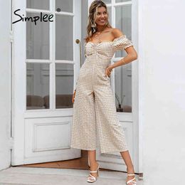 Plaid off-shoulder lace up csaual summer jumpsuit women Ruffle lantern sleeve office playsuit Spring pockets jumpsuits 210414