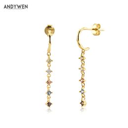 ANDYWEN 925 Sterling Silver Long Chain Drop Earring Sage Pendienete Fine Jewelry Rainbow CZ Crystal Rock Punk Clips 210608