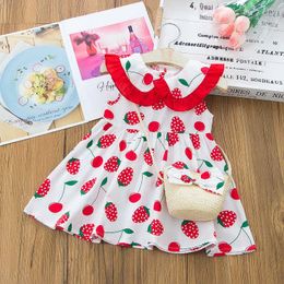 Sweet Summer Kids Dresses for Girls 2 Pcs Sets Strawberry Print Peter Pan Collar Sleeveless Girls Dress Kids Clothes 0-4Y Q0716