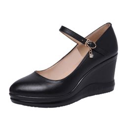 Genuine Leather Platform Pumps Women's Shoes Fashion Female High Heels Casual Wedges Comfortable Ladies Work 32-43 Dress
