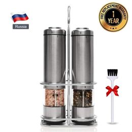 Electric Salt and Pepper Grinder Set with Metal Stand Automatic Stainless Steel Mill LED Light Spice for Kitchen 210712