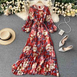 Neploe O Neck Pullover Long Sleeve Dress Women High Waist Hip Draped Vestidos Holiday Bohemian Print Robe Spring Maxi Dresses 210422