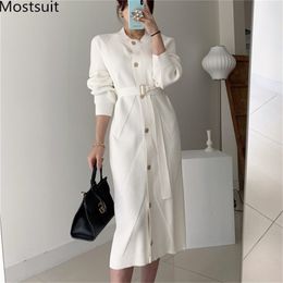 Single Breasted Korean Knitted Sweater Dress Women Autumn Winter Long Sleeve O-neck Belted Fashion Ladies Dresses Vestidos 210513