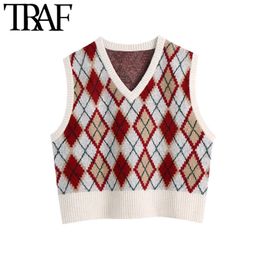 TRAF Women Fashion Loose Cropped Argyle Knitted Vest Sweater Vintage V Neck Sleeveless Female Waistcoat Chic Tops 210415
