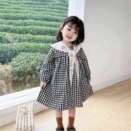 Spring Arrival Girls Long Sleeve Plaid Dress Kids Cotton with Lace Collar 210528