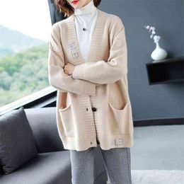 Autumn Winter Women Sweater Cardigans Oversize V neck Knit Girls Outwear Korean Chic Tops Suete Coat 210427