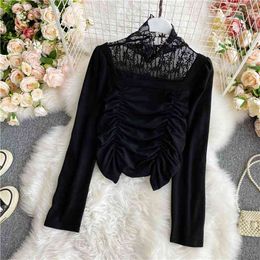 Spring and Autumn Chic Fold Stitching Lace High Neck Sexy Top Long Sleeve Short Fashion Bottoming Shirt Fake Two-piece UK008 210506