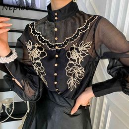 Neploe Korean Heavy Work Flower Embroidery Mesh Blouse Women Stand Collar Lantern Long Sleeve Sexy Blusas Spring Slim Shirt 210423