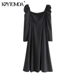 Women Elegant Fashion Polka Dot Front Slit Midi Dress Puff Sleeve Black Elastic Female Dresses Vestidos 210420