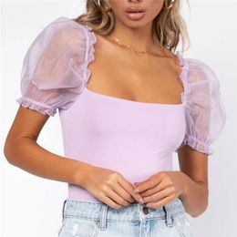 Stylish Violet Crop Blouse See-through Sleeve Sexy Solid Square Collar Lady Office Shirt Casual Short Tops Blusas 210430