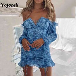 Yojoceli women off shoulder print dress women lace up boho beach party dress bodycon mini dress long sleeve spring 210409