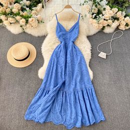 SINGREINY Women Sexy Backless Strap Dress Korean V Neck Sleeveless Hollow Party Dresses Summer Design Split Ruffles Long Dress 210419