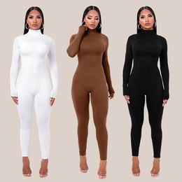 Solid Thin Villi Jumpsuit Women Bodycon Romper Sexy Push Up Jumpsuits Long Sleeve Bodysuit Fitness Jogging Femme 210604