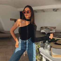 Women Halter One Shoulder Sexy Bodysuit Fashion Spring Solid Bodycon Jumpsuits Casual Cotton Long Sleeve Body Black Slim Rompers 210507