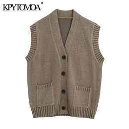 Women Fashion With Pockets Ribbed Trims Knitted Waistcoat V Neck Button-up Female Vest Sweater Chic Tops 210420
