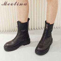 Meotina Genuine Leather Platform Chunky Heels Mid Calf Boots Women Shoes Round Toe Zipper High Heel Ladies Boots Winter Black 40 210608