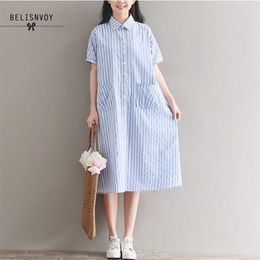 Mori Girl Plus Size Summer Women Midi Shirt Dress Turn-Down Collar Blue Plaid Oversized Cotton Linen Vintage Elegant 210520