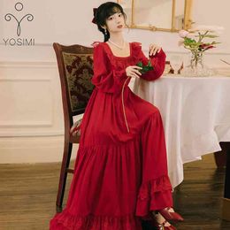 YOSIMI Red Chiffon Long Women Dress Autumn Elegant Lace Square Collar Ankle-Length Sleeve Empire Evening Party Dresses 210604