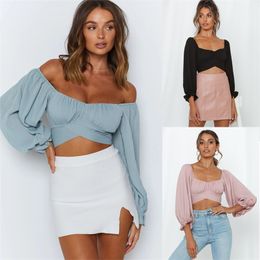 Sexy Backless Bandage Square Neck Women's Solid Colour Shirt Fashion Lantern Sleeve Slim Pullover Blouse Femme Blusas 210517
