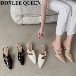 Fashion Pointed Toe Slippers Women Slip On Mules Med Heels Luxury Brand Outsides Slides Elegant Ladies Shoes Sandal Slipper 210715