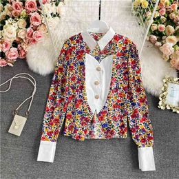 Spring Retro Ruffled Floral Chiffon Stand-up Collar Shirt Female Sweet Age-reducing Temperament Loose Puff Sleeve Top C125 210506