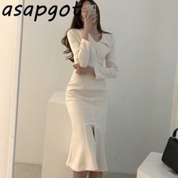 Chic French Light-cooked Temperament V-neck Pleated Long Mermaid Dress Slim Empire Waist Slit Long-sleeved Trumpet Dress Woman 210610