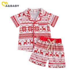 1-6Y Christmas Infant Toddler Kid Baby Girl Boy Pyjama Sets Short Sleeve Red Deer Tops Shorts Sleepwear Xmas Outfits 210515