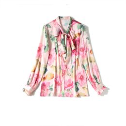 Summer Blooming Flowers Print Pink Satin Shirts Women Long Sleeve Bow Collar Ruffles Vacation Lady Tops Blusa Feminina 210416