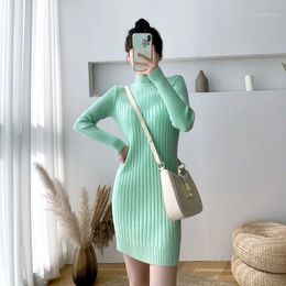 Casual Dresses Turtleneck Pullover Long Sleeve Sweater Women Elegant Slim Dress N Fashion Simple Mid-length Lady Spring Autumn