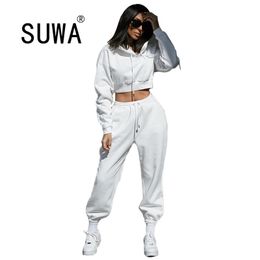 Casual Two Piece Set Hoodie Solid Colour Short Tops Long Pants Loose 2 Outfits Women Fashion Sexy Sport Female Tracksuits 210525