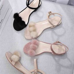 Summer Fluffy Fur Ball Women's Sandals Ankle Strap Square High Heels 3.5cm/6cm Faux Suede Solid Shoes Woman Plus Size 210520