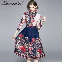 Autumn Fashion Designer Vintage Shirt Women Long Sleeve Turn Down Collar Flower Print Striped Runway Midi Dress 210416