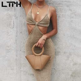 LTPH Hollow out Backless women dress sexy slim Package Hip long sleeveless camisole knit nightclub party dresses 2021 summer new Y0603