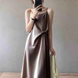 Korean gentle satin suspender Dress for womens summer solid Colour elegant long midi dress twisted A-line dress female trend 210514