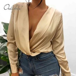 Summer Women Satin Bodysuit Playsuit Tops Long Sleeve Club Wear Sexy Jumpsuit Rompers 210415