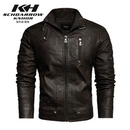 Autumn Winter Men's Motorcycle Leather Jacket Lining with Velvet Stand Collar Faded leisure Artificial Leather Coat 211111