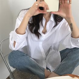 White Streetwear Blouses Femme Solid Oversize Chic Loose Lapel Minimalist Clothe Tops Casual All Match Stylish Shirts 210421