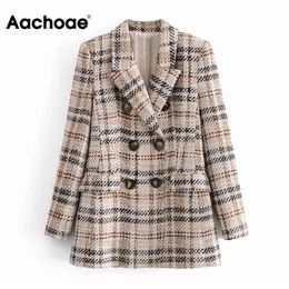 Aachoae Elegant Plaid Suits Double Breasted Vintage Office Blazer Women Long Sleeve Ladies Tops Outerwear Spring Autumn 210413