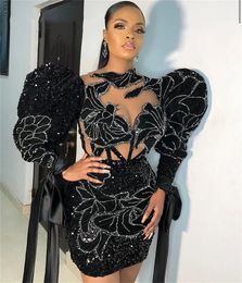 Sexy Black Veet Short Prom Dresses 2022 O Neck Beaded Sequined Party Night Gowns Lantern Sleeve Mini Tail Homecoming 322