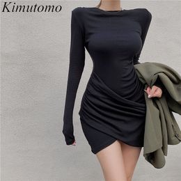 Kimutomo Chic Irregular Black Dresses Women O-neck Long Sleeve High Waist Bodycon Ladies Solid Fashion Mini Vestidos Mujer 210521