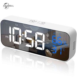 AKABELL Digital Alarm Clock Temperature and Humidity Large Mirror LED Electronic Clock with USB Charger Display Table Clock 211111