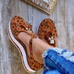 Women Tassel Flat Summer Casual Solid Colour Thick Bottom Round Toe Leopard Fashion Vulcanised Shoes