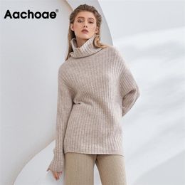 Aachoae Autumn Winter Women Solid Turtleneck Pullovers Top Batwing Long Sleeve Warm Female Striped Casual Loose Jumper 211011