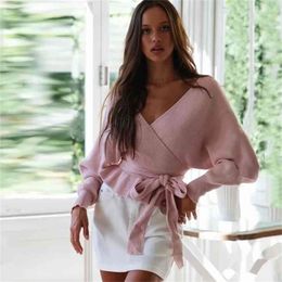 V neck knitted wrap sweater jumper women autumn winter casual elegant office lady soft pink jumpers top pull femme 210427