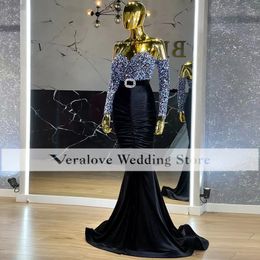 Sexy Sequins Silver Black Evening Dresses Long Sleeves Off Shoulder African Prom Gowns For Women Party Robe De Soirée Femme