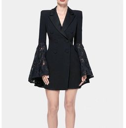 Spring New design women's fashion turn down collar suit double breasted slim waist medium long big lace flare sleeve blazer coat SMLXL