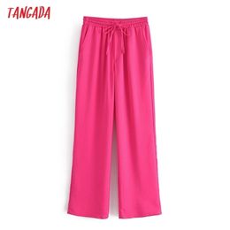 Tangada Fashion Women Pink Wide Leg Suit Pants Trousers Bow Strethy Waist Office Lady Pantalon 3W110 210915